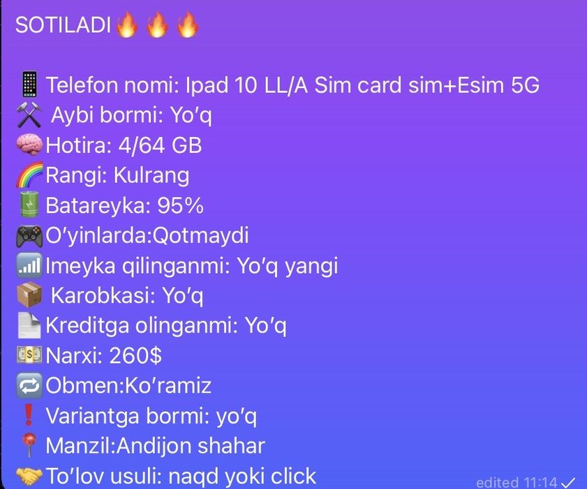 Ipad 10 LL/A region yangi