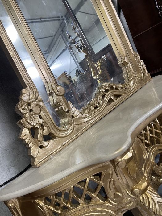 Consola din lemn masiv cu oglinda și blat de marmura