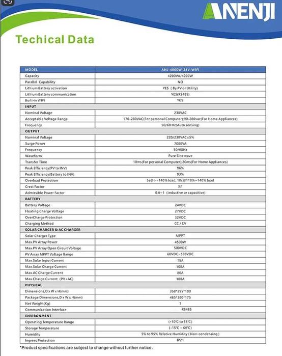 Invertor Solar Hibrid 4,2kw 24v wifi