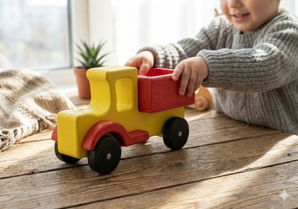 Ръчно изработени дървени играчки – моторче, камионче и булдозерче.