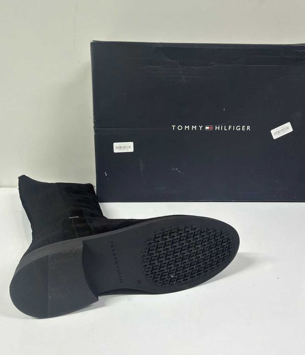 НОВИ Дамски велурени ботуши TOMMY HILFIGER Flag Long Boot (Черни) - Размер 37 (23.5 см стелка)
