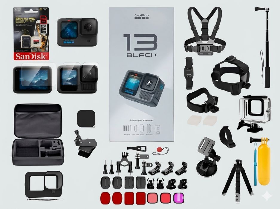 Камера Gopro 13 и комплект из 50 аксессуаров.