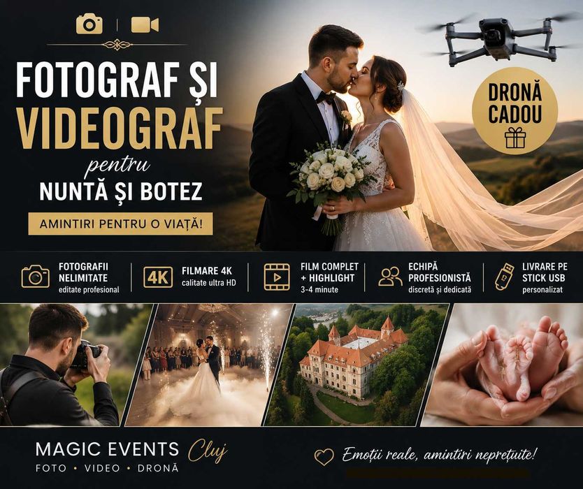 Fotograf și Videograf pentru Nuntă și Botez | Filmare 4K | Dronă Cadou