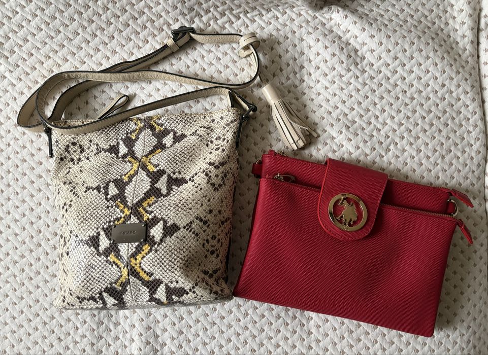 Маркови дамски чанти Picard и US Polo бежова змийска и червена