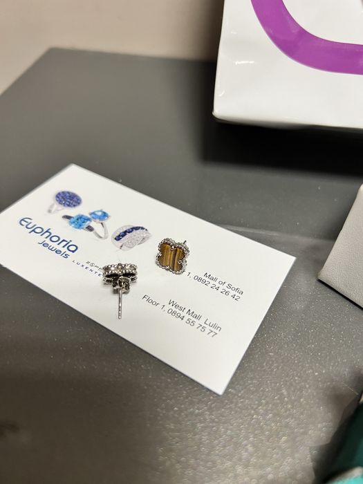 чисто нови дамски обеци с кутия и чантичка и сертификат