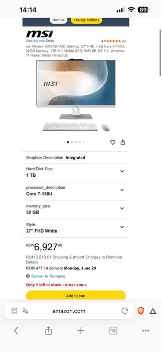 All-in-One 27 inch MSI Modern AM272 Alb, impecabil, ideal birou/home office".