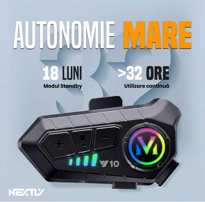 Intercom moto Bluetooth HiFi, reducere zgomot, baterie 25h, microfon detașabil, radio FM, Music Share, rezistent la apă.