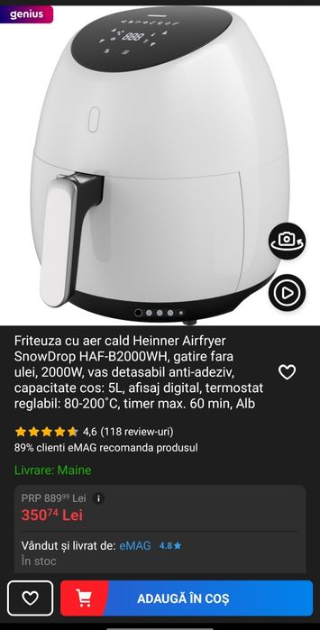 Airfryer Heinner SnowDrop HAF-B2000WH, gatire fara ulei, 2000W