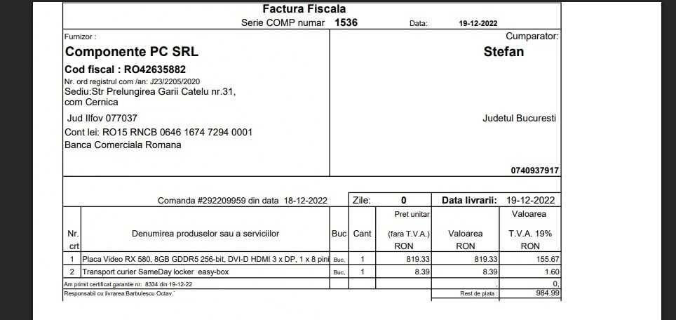 RX 580 | 8GB | 256bit | 2048SP | Stare Perfecta