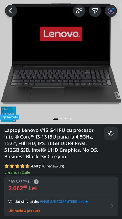 Laptop LENOVO V15 G4 inca in garantie-procesor i3-1315U 16 gb RAM