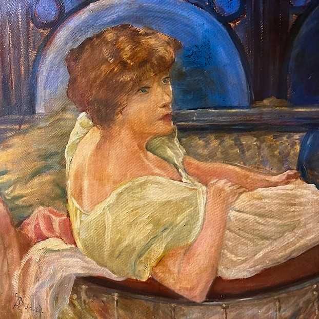 "Domisoara pe sofa" Tablou f VECHI, ulei/carton, 60x50cm+rama, semnat.