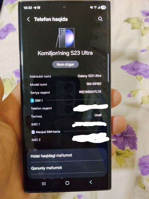 Samsung S23Ultra 8/512 xotirasi