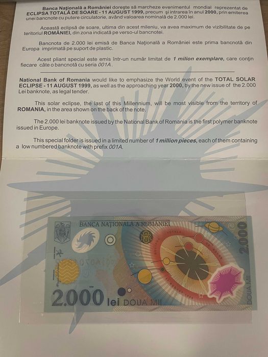 Bancnota 2000 LEI eclipsa 1999 editie speciala, necirculata