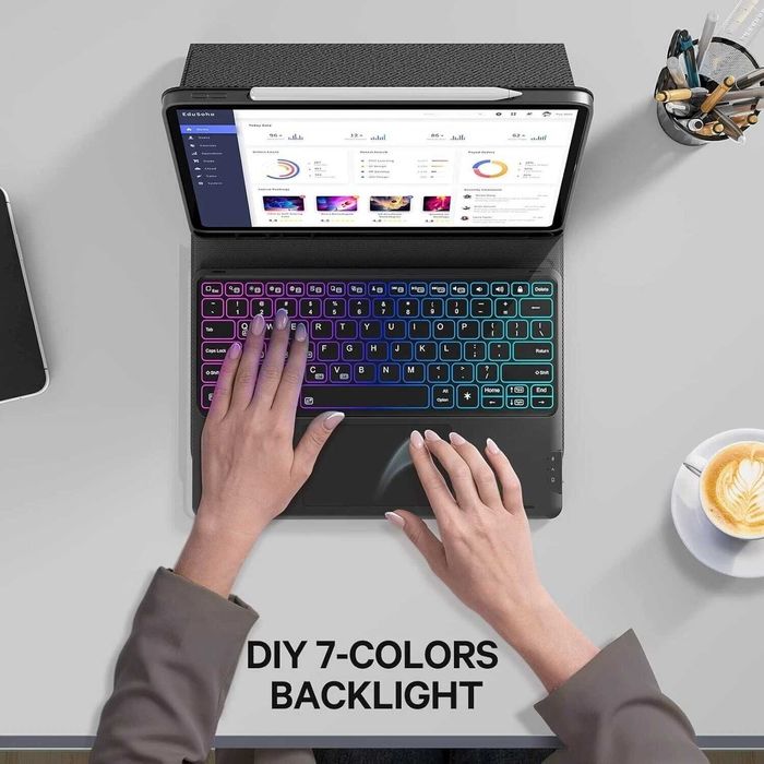 Husă cu Tastatură Earto pentru iPad Pro 12.9" (2018–2022), Touchpad, Iluminare RGB, Bluetooth, Negru