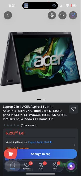 Laptop 2 in 1 Acer Aspire 5 Spin 14, I7, 16GB RAM, Touchscreen