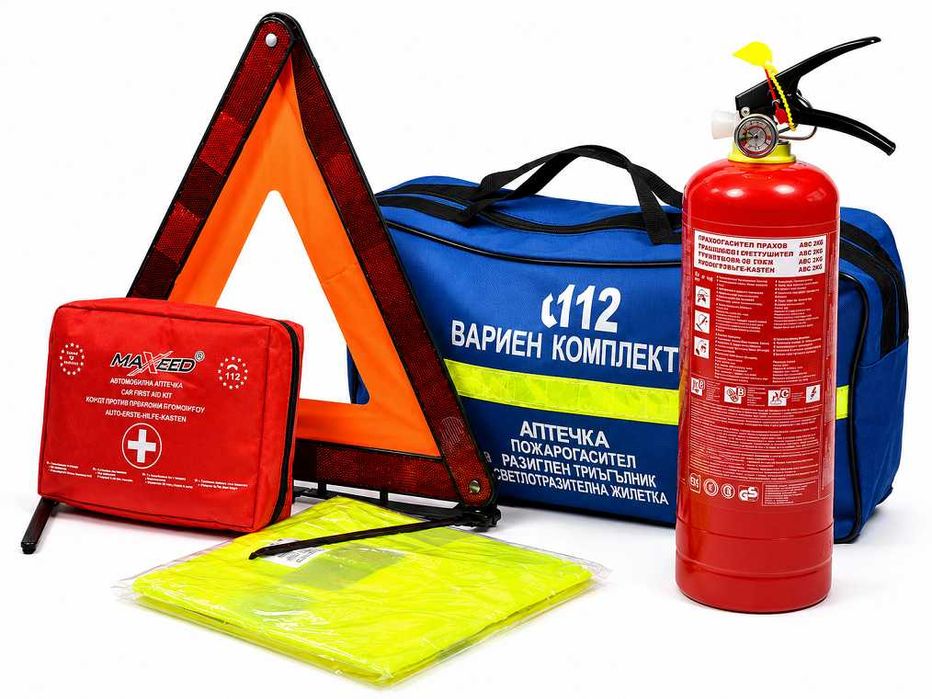Авариен комплект за Гърция - аптечка DIN 13164-2022, пожарогасител 2 кг, предупредителен триъгълник и светлоотразителна жилетка
