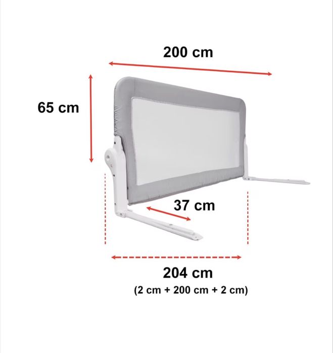 Protectie laterala / bariera de protectie pentru pat, rabatabila, Guimo, 204 x 65 cm, Gri