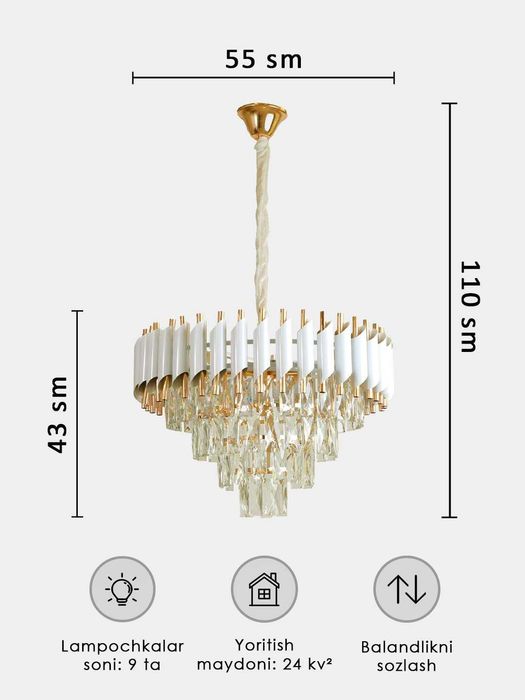 Lyustra kristal toshli 3xil rang, 5xil o'lcham, zal yotoqxona qandil..