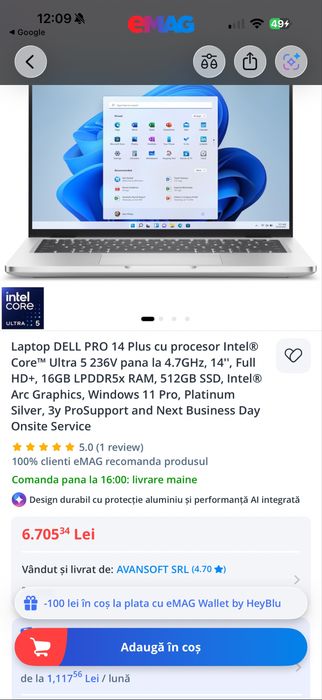 Laptop Dell Pro 14 Plus Ultra 5 236V 16GB 512GB SSD Windows 11 Pro