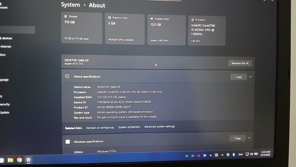 Laptop Acer Aspire 5, Intel i5-8250U, 12GB RAM, 750GB SSD, video MX150
