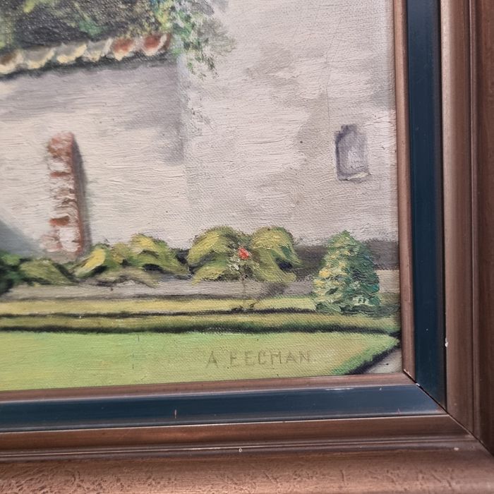 Tablou vechi ulei pe pânză semnat A. Eechan peisaj grădină 59x49 cm