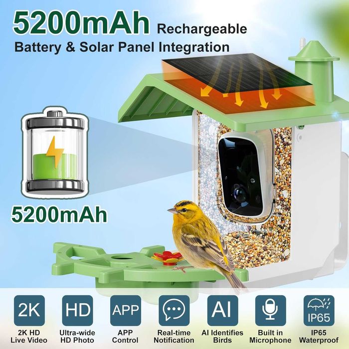 Rkdely интелигентна хранилка за птици с камера и соларна батерия, 3МР