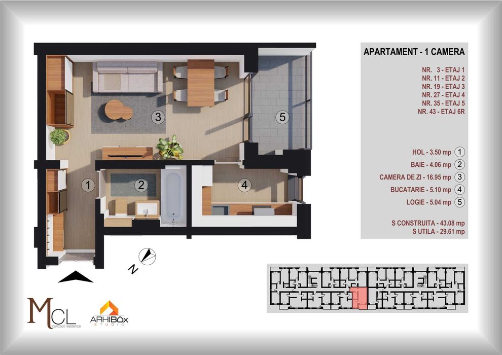 Apartament  1 camera str. BRINCOVEANU 1B, 1149€+TVA/MP