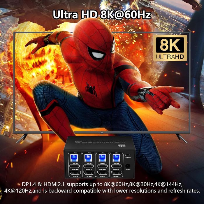 KVM превключвател за 4 компютъра и 2 монитора, HDMI + DP порт 8к 60Hz