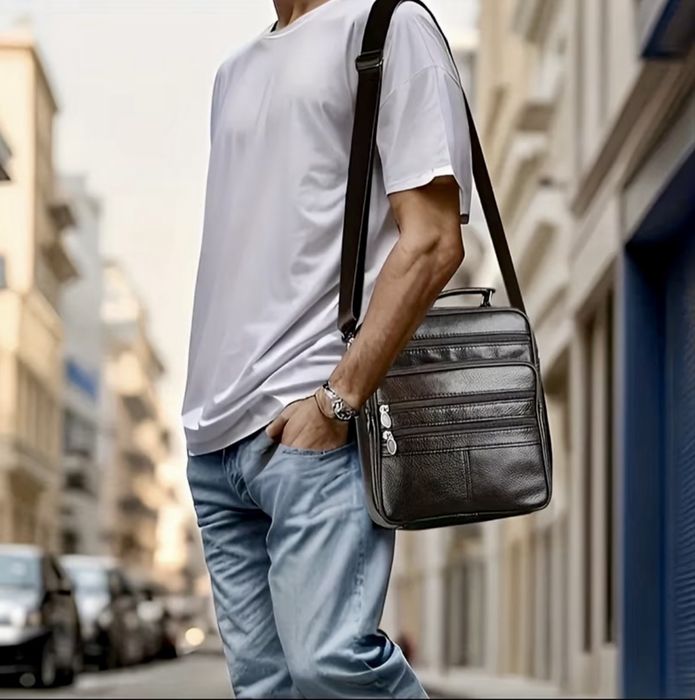 Мъжка дизайнерска ежедневна и стилна чанта с ципове/Кафява естест.кожа