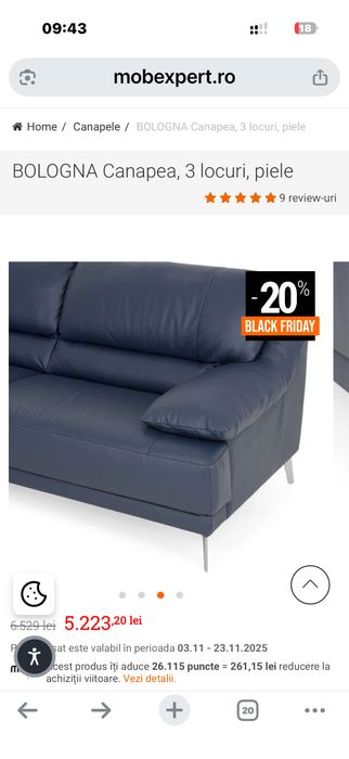 Canapea Bologna, 3 locuri, din piele, culoare gri