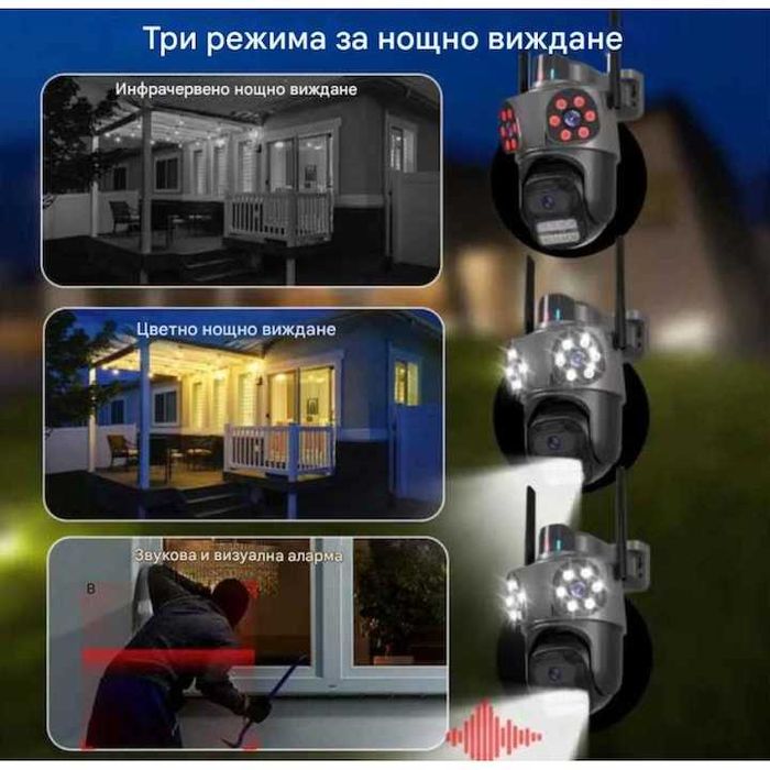 Тройна външна WiFi камера 9MP с аларма+24 LED диода  iCSee