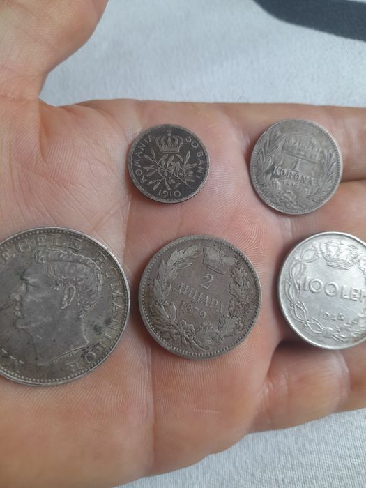 Lot 5 Monede Argint Vechi 1879-1944 - 2 Dinari Serbia 1879, Carol I 1910, 1 Korona 1892, 100 Lei 1944 - Colectie