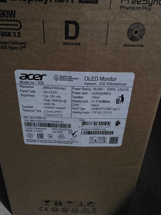 Monitor Acer Predator QD-OLED X32 31.5" 4k UHD 240Hz HDR400 sigilat/nou