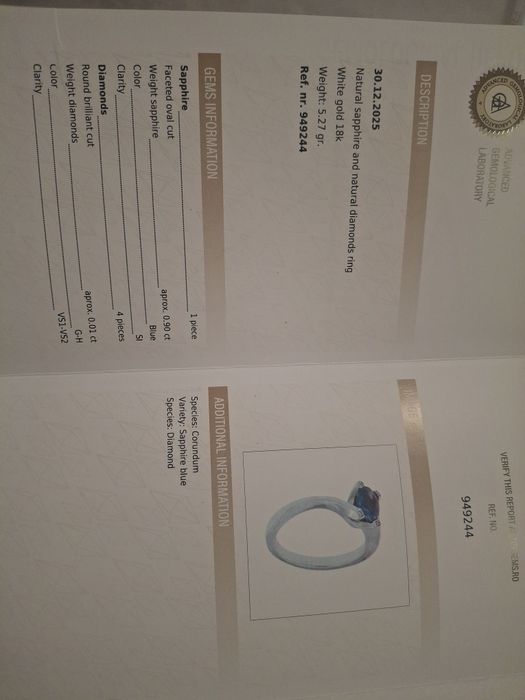 Inel aur alb de 18 k cu safir de 1 carat si 4 diamante