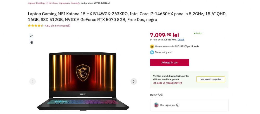 Laptop Gaming MSI Katana 15 Intel Core i7-14650HX 5.2GHz 15.6QHD 16GB SSD512GB GeForce RTX5070 8GB