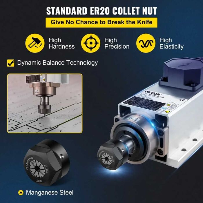 Motor Mandrina Spindle VEVOR 2.2kW CNC Răcire cu Aer, 220V, Model Pătrat Pensetă ER20, 24000 RPM, 400Hz