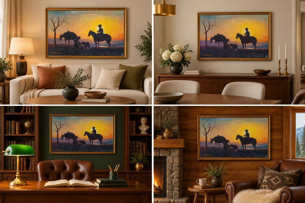 A. Bellomi – „Cowboys cu cai la apus” – ulei pe placaj, 60 × 40 cm
