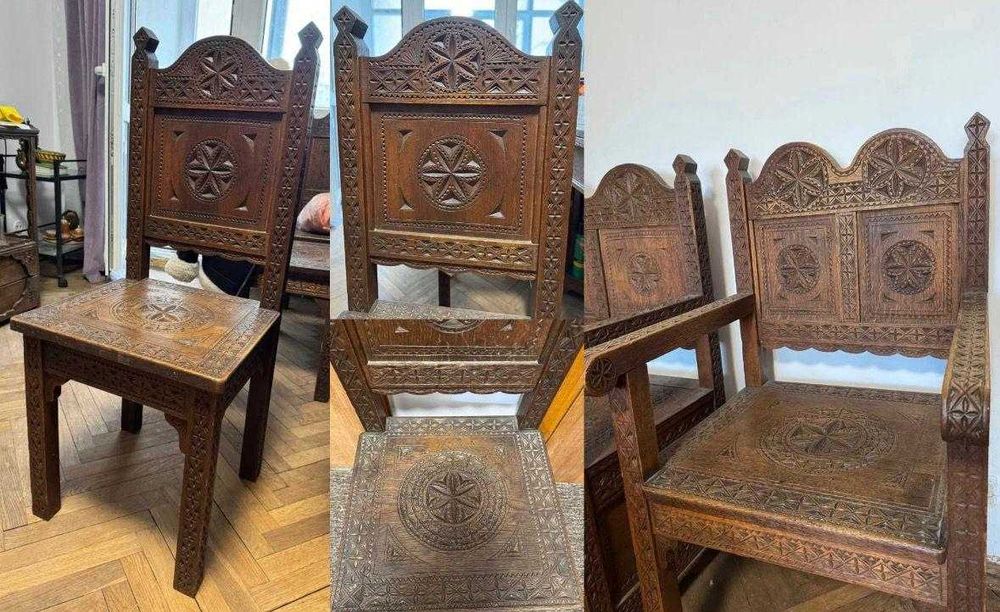 Mobilier neoromanesc, din lemn masiv, sec. XIX, set complet