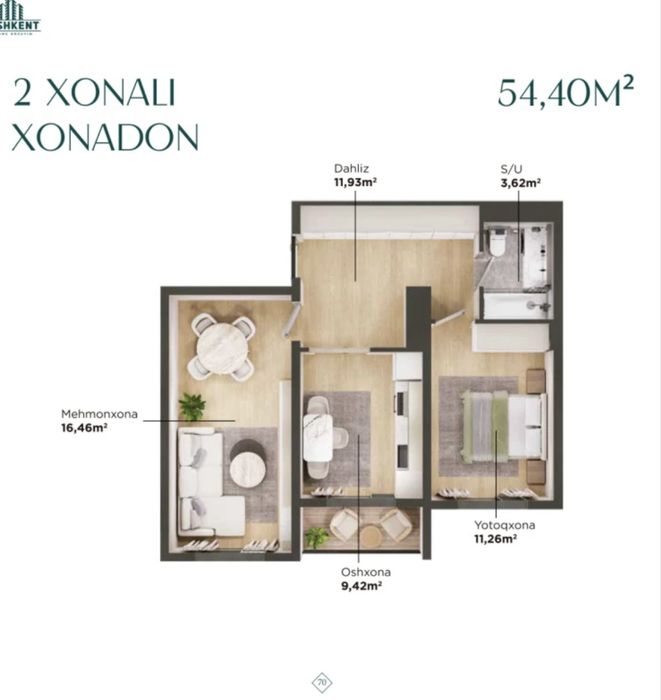 2-комн. квартира, 54 м², Яшнабадский район