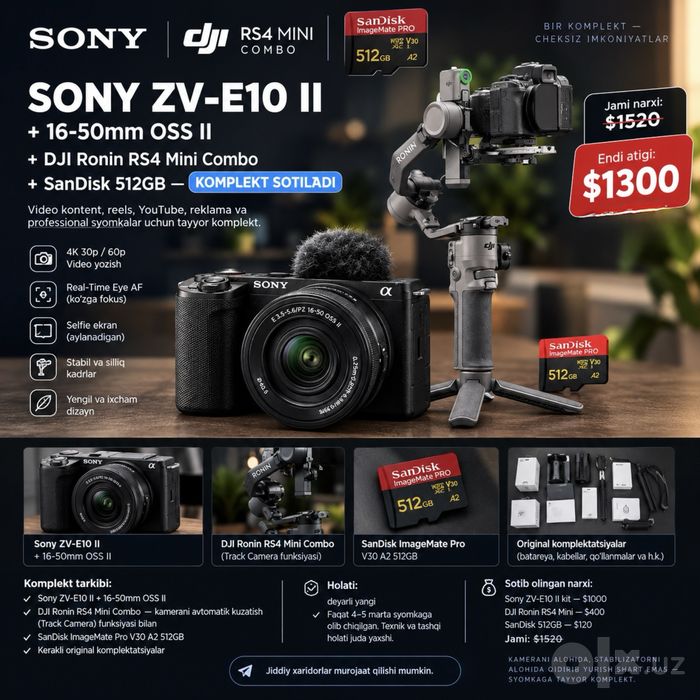 Sony ZV-E10 II 4K 16-50mm + DJI ronin RS4 mini combo kamera komplekt