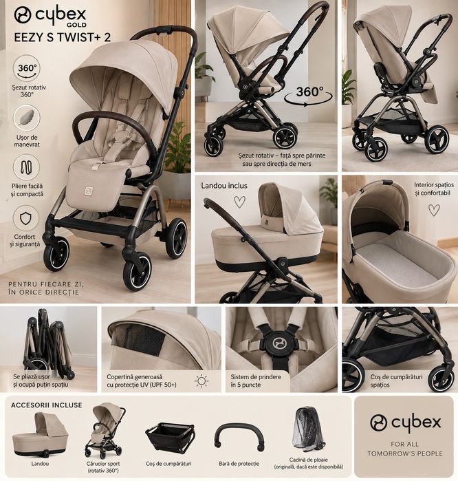Cybex Eezy S Twist+ 2 Beige 360° + landou + adaptoare – aproape nou