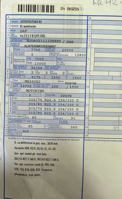 Cap tractor DAF 4x2 CF 85