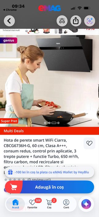 CIARRA hotă de perete 60cm Clasă A+++ 3 viteze WiFi LED – 60cm Oțel inoxidabil