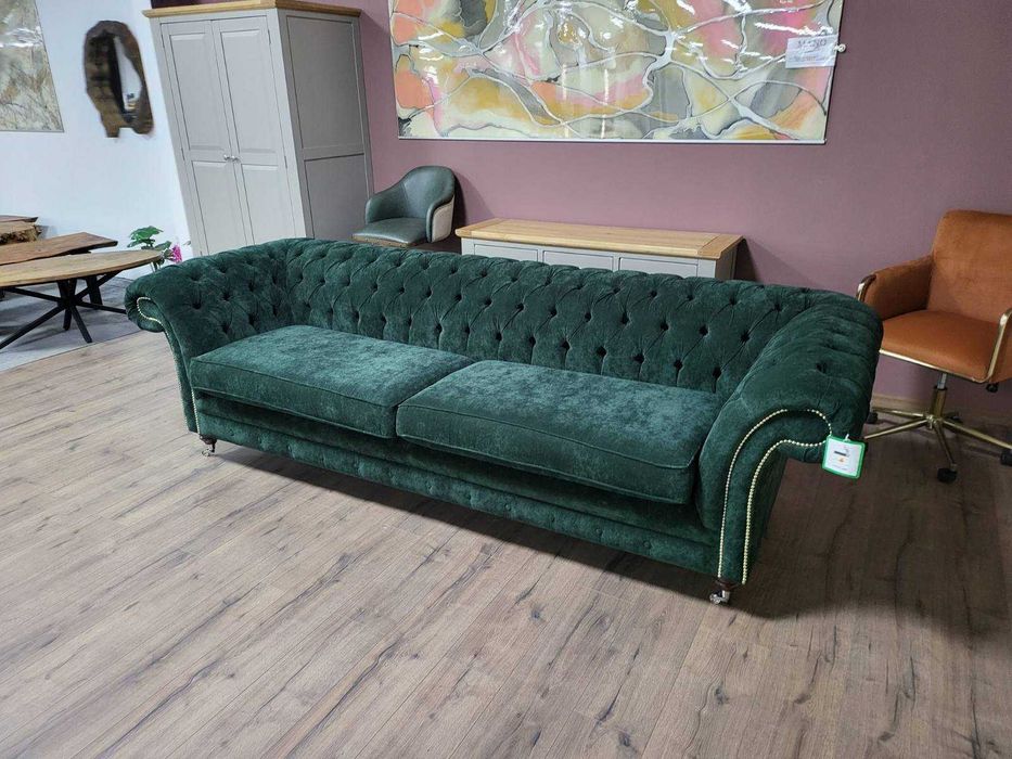 Голям зелен диван от плат Честърфийлд - четворка