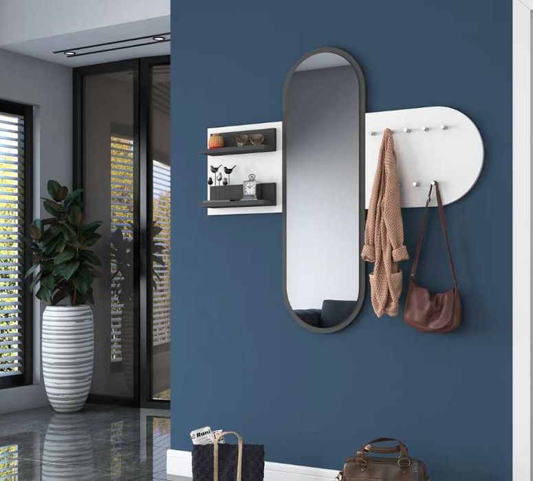 Закачалка с огледало Puzzle-home 2445, Бял - черен/натурален, Промоция