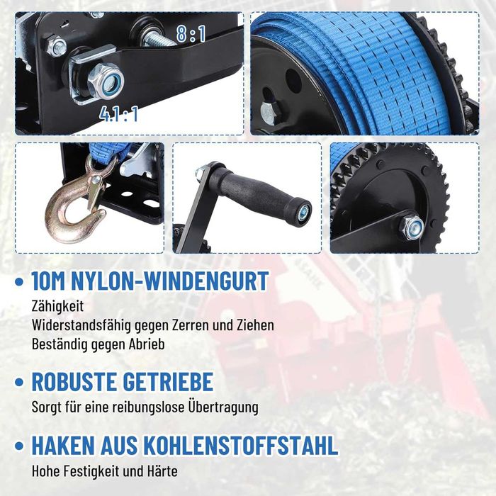 Troliu manual cu chingă de 10 m, capacitate 1000 kg, cu sistem de autoblocare, NOU, factura, garantie