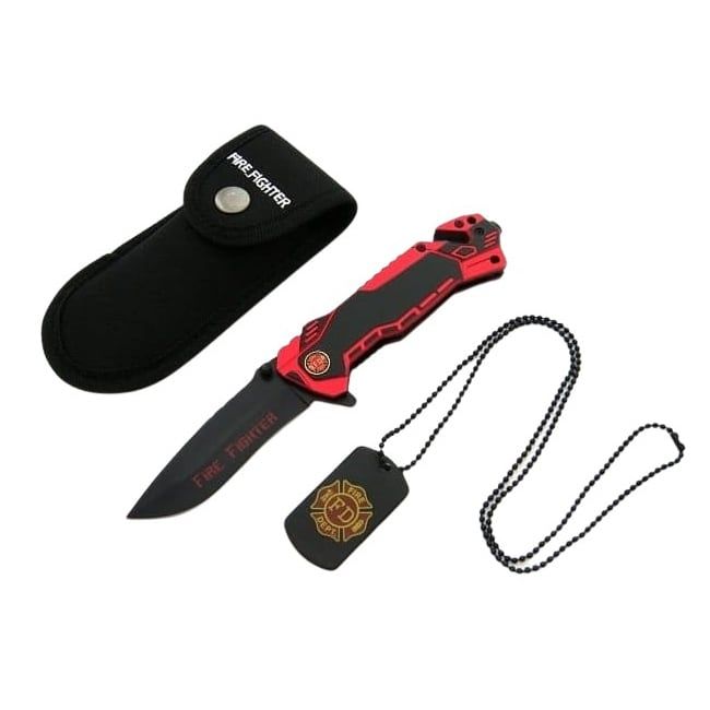 Briceag vanatoare Firefighter Rescue, 23 cm, otel, rosu, husa inclusa