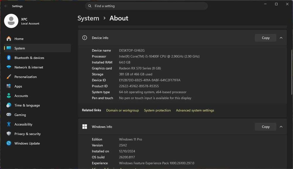 PC i5-10400F, 64GB RAM, 512GB NVME, RADEON RX570 8GB
