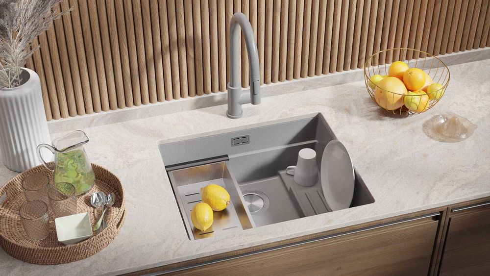 Сив гранитна мивка за вграждане под плот Прага 60 Level 560 x 470 мм