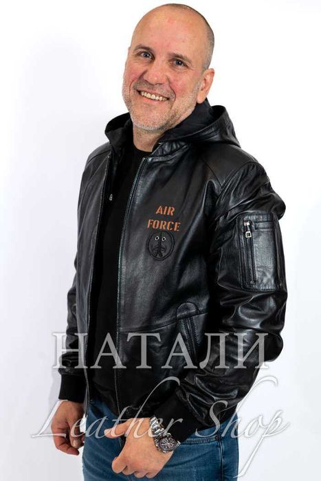 Кожен бомбър Александър с качулка